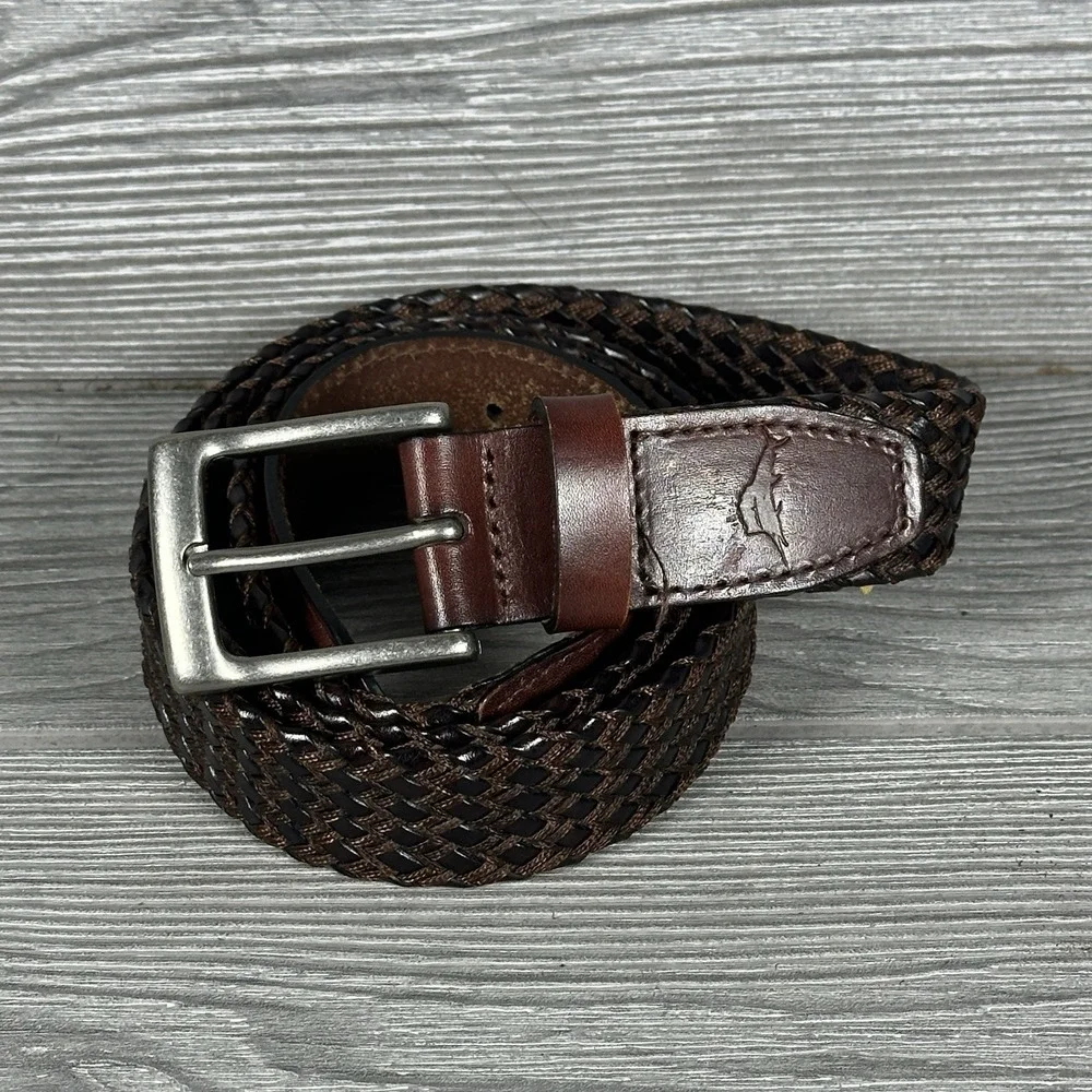 Tommy Bahama Mens Braided Leather Belt Brown Woven Marlin‎ Logo Size 42